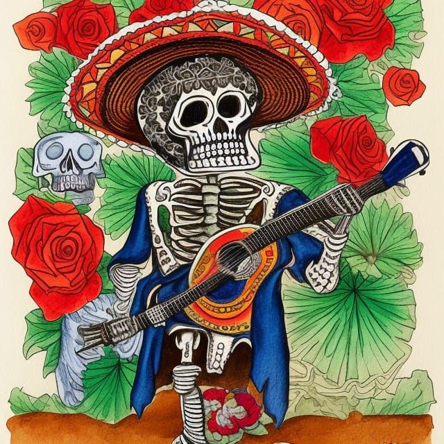 Mexican skeleton wearing an elaborate sombrero cinco de mayo...