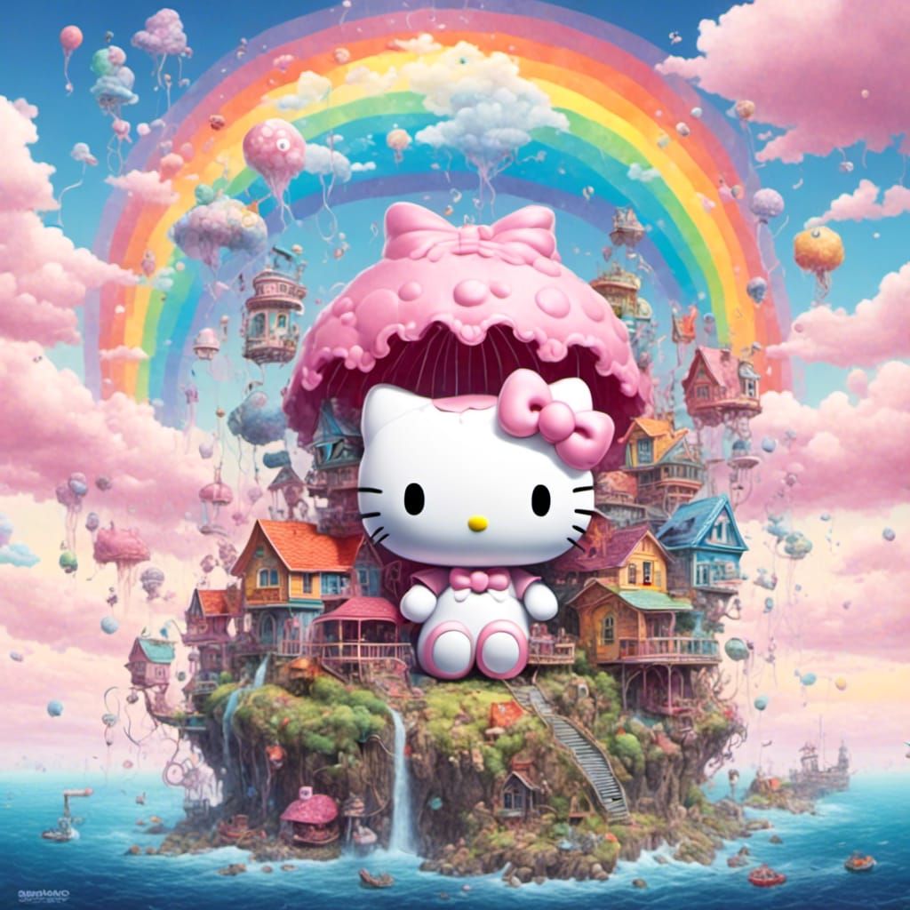 Tentacled Rainbow Hello Kitty in Cottagecore Style