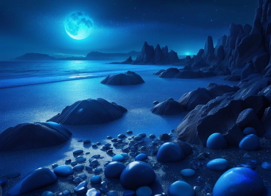 Fantasy Blue Rocky Shoreline at Midnight