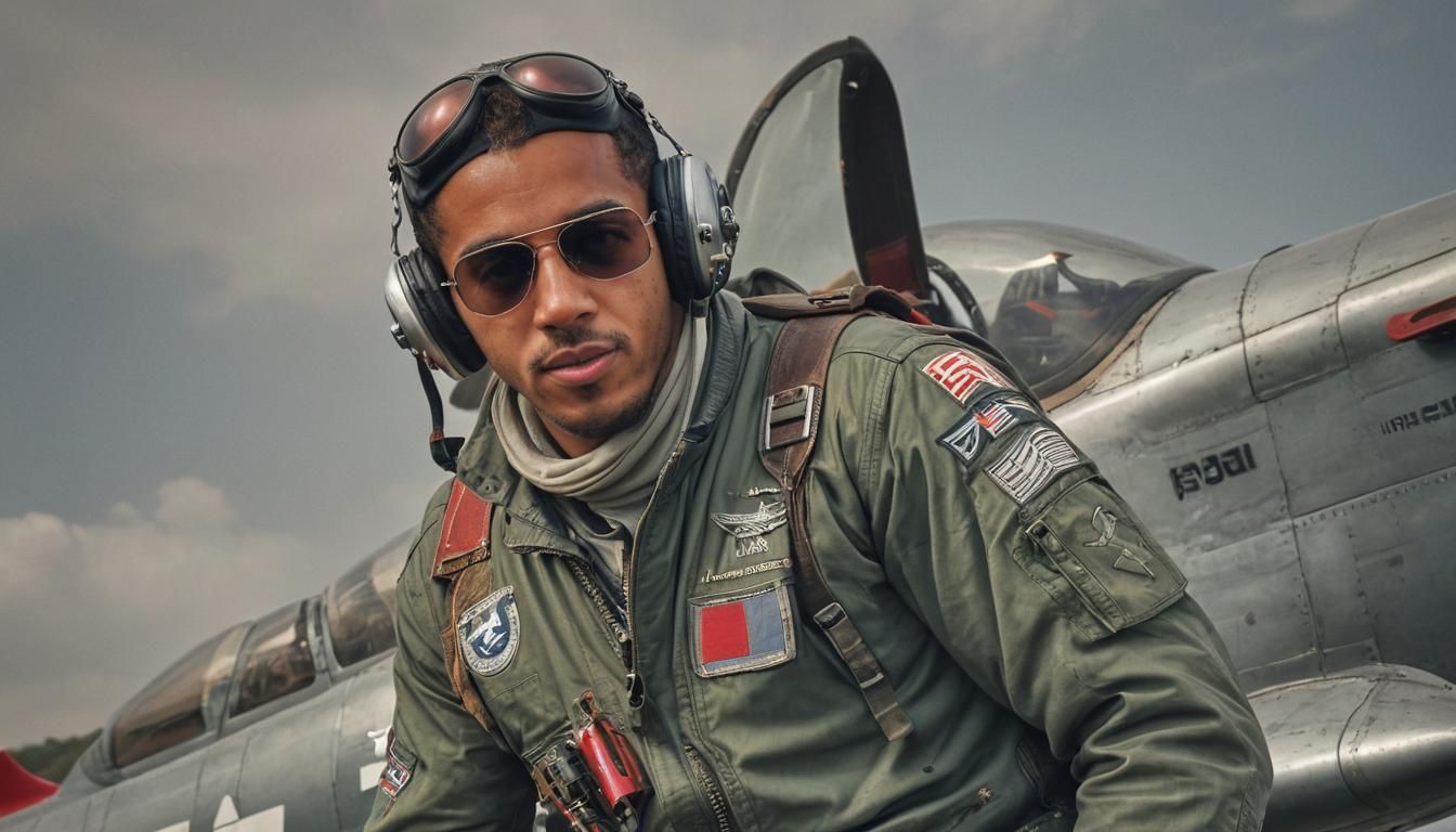 Pilot in Flight Suit Near P-51 Mustang