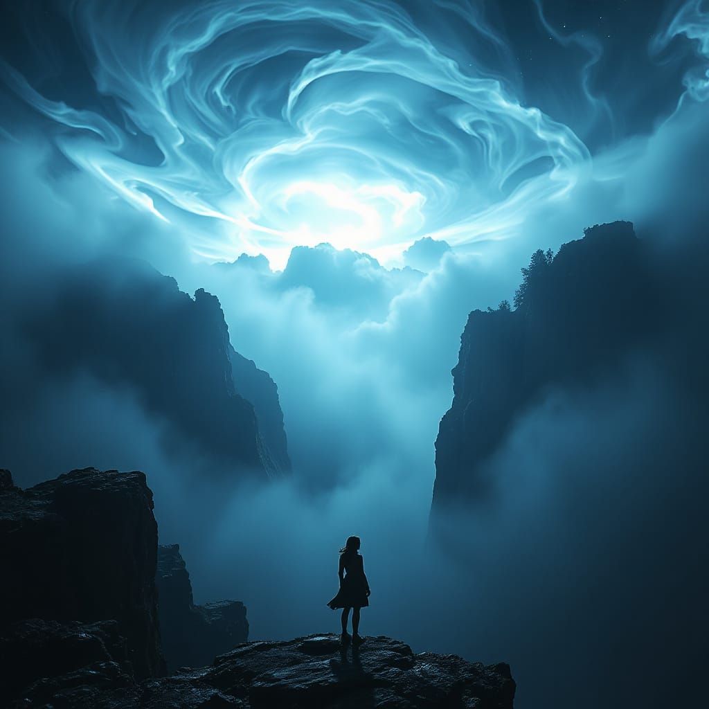 Mysterious Woman in Bioluminescent Canyon, Cinematic Fantasy...