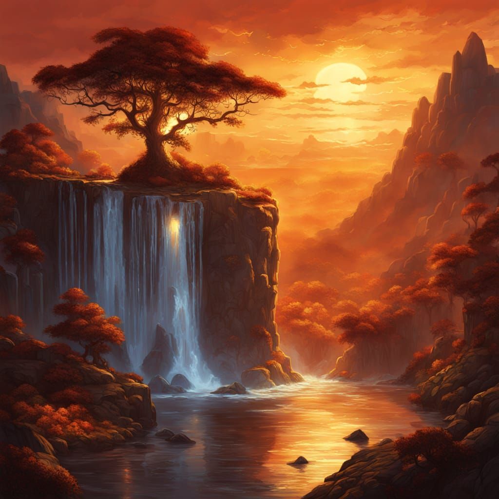 Surreal Waterfall From Red Sunset Over Sea