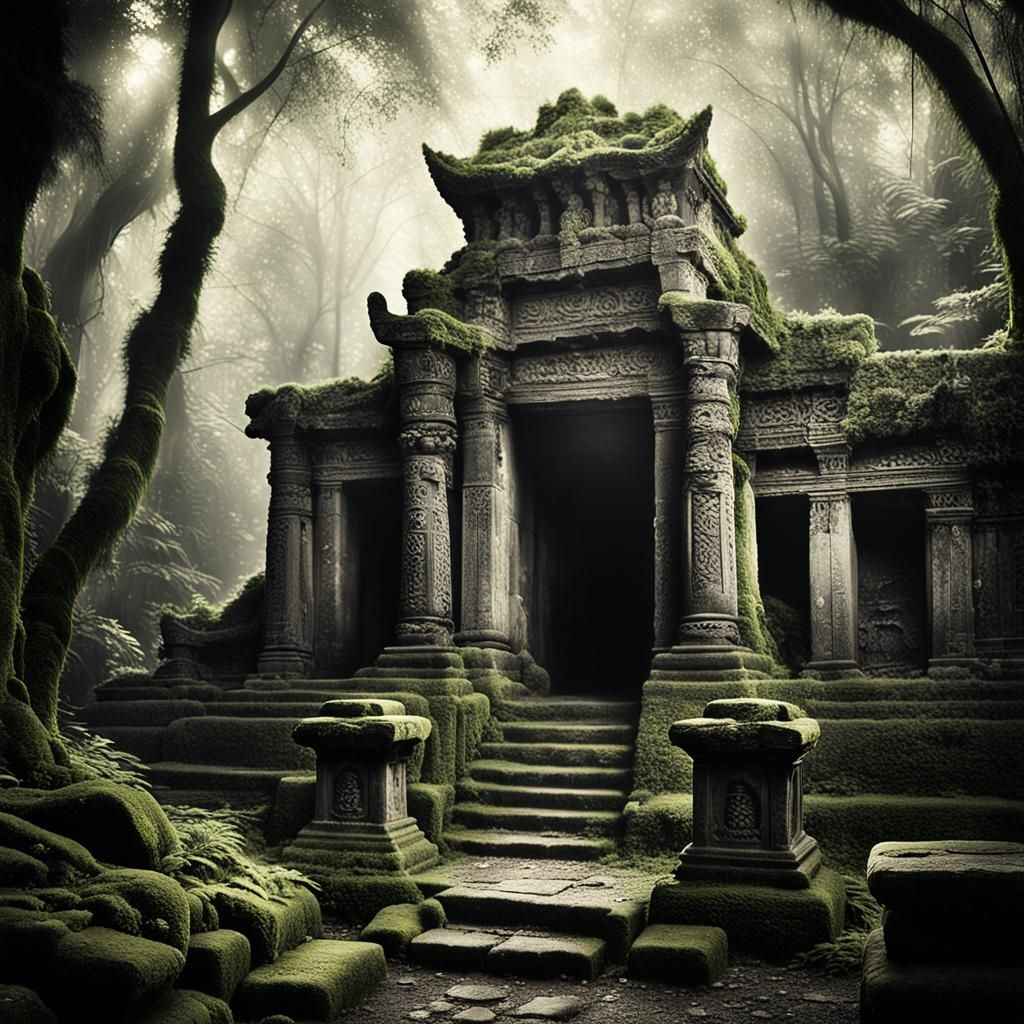 Ancient Temple Entrance in Black and White Photography