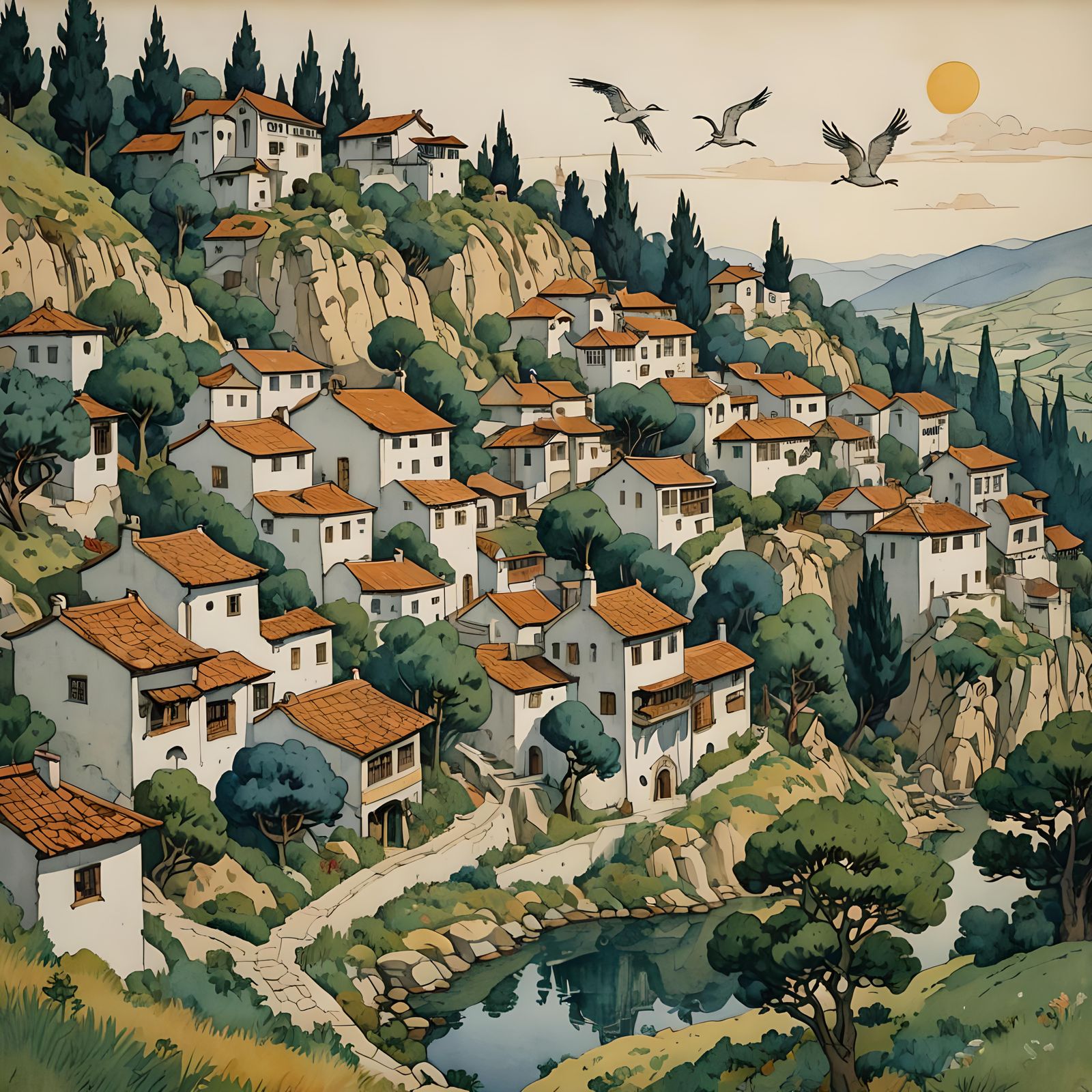 Ottoman Village in Art Nouveau Style Watercolour