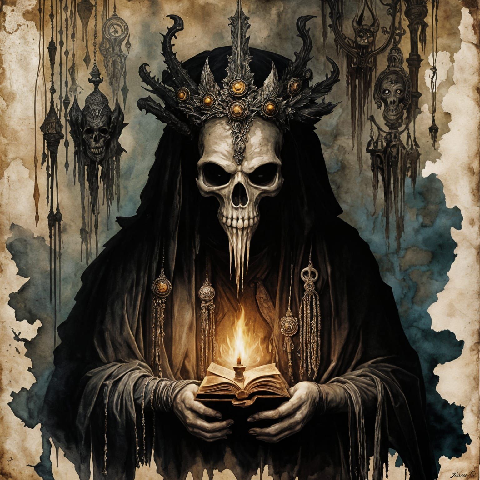 Forgotten God in Dark Cave, Watercolor Storybook Illustratio...