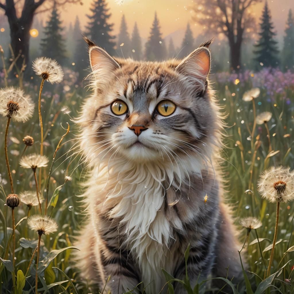 Cat and Dandelion in Dreamy Meadow