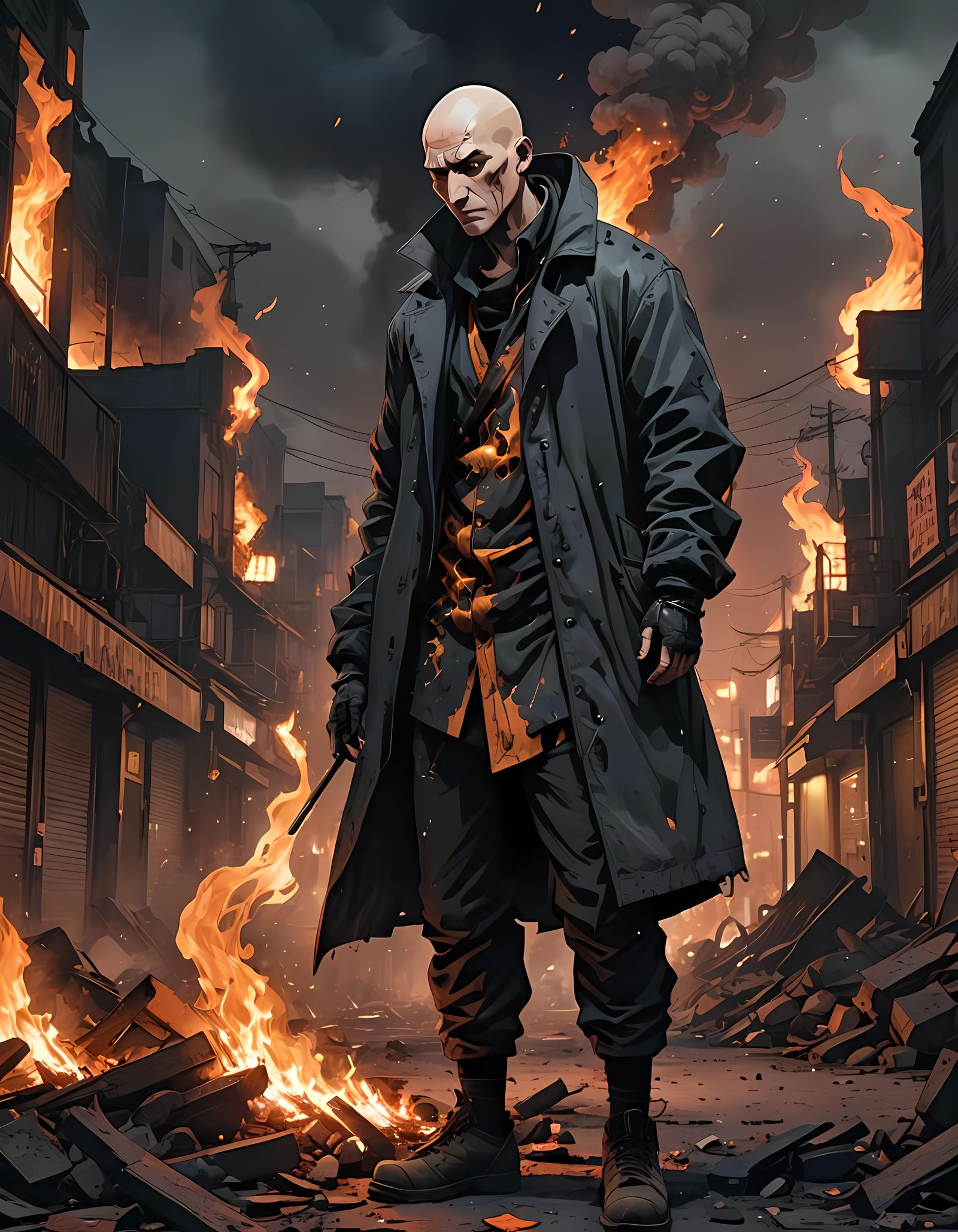 Crazed Scarred Man in Burning City: Anime Manga Scan