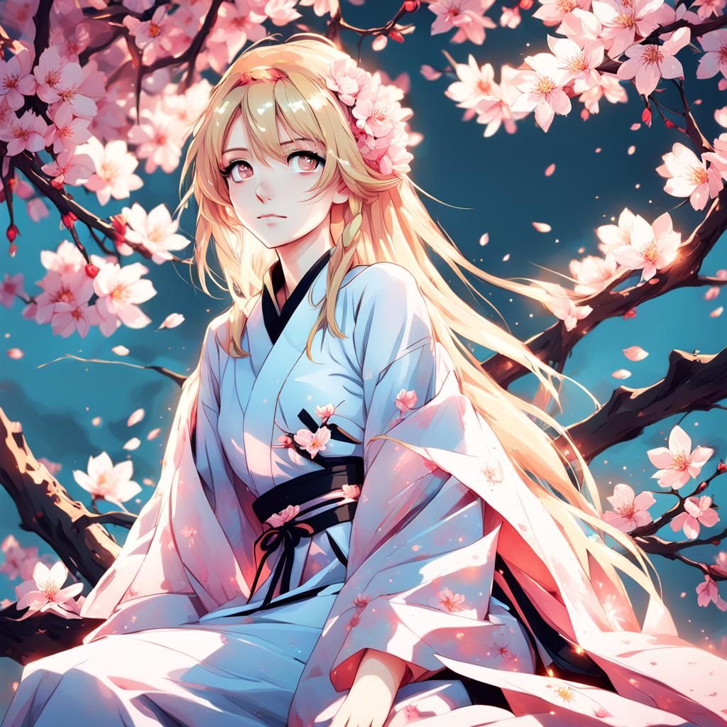 Blonde Woman in Sakura Flower: Anime Concept Art