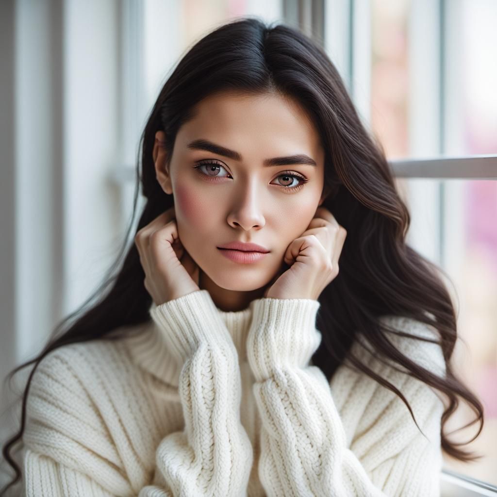 Thoughtful Girl Portrait with Long Hair in Digital Painting