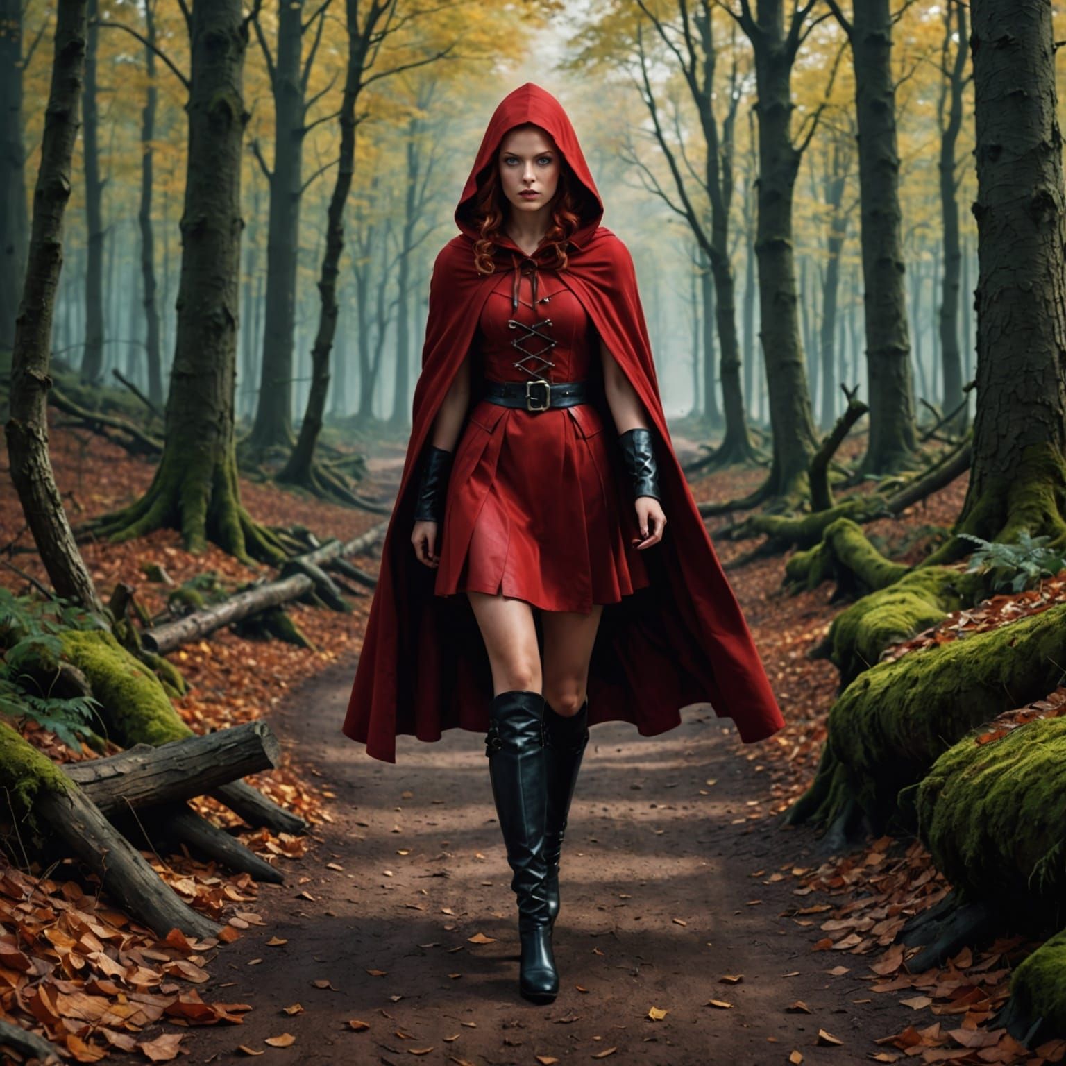 Surreal Red Riding Hood in Enchanted Forest