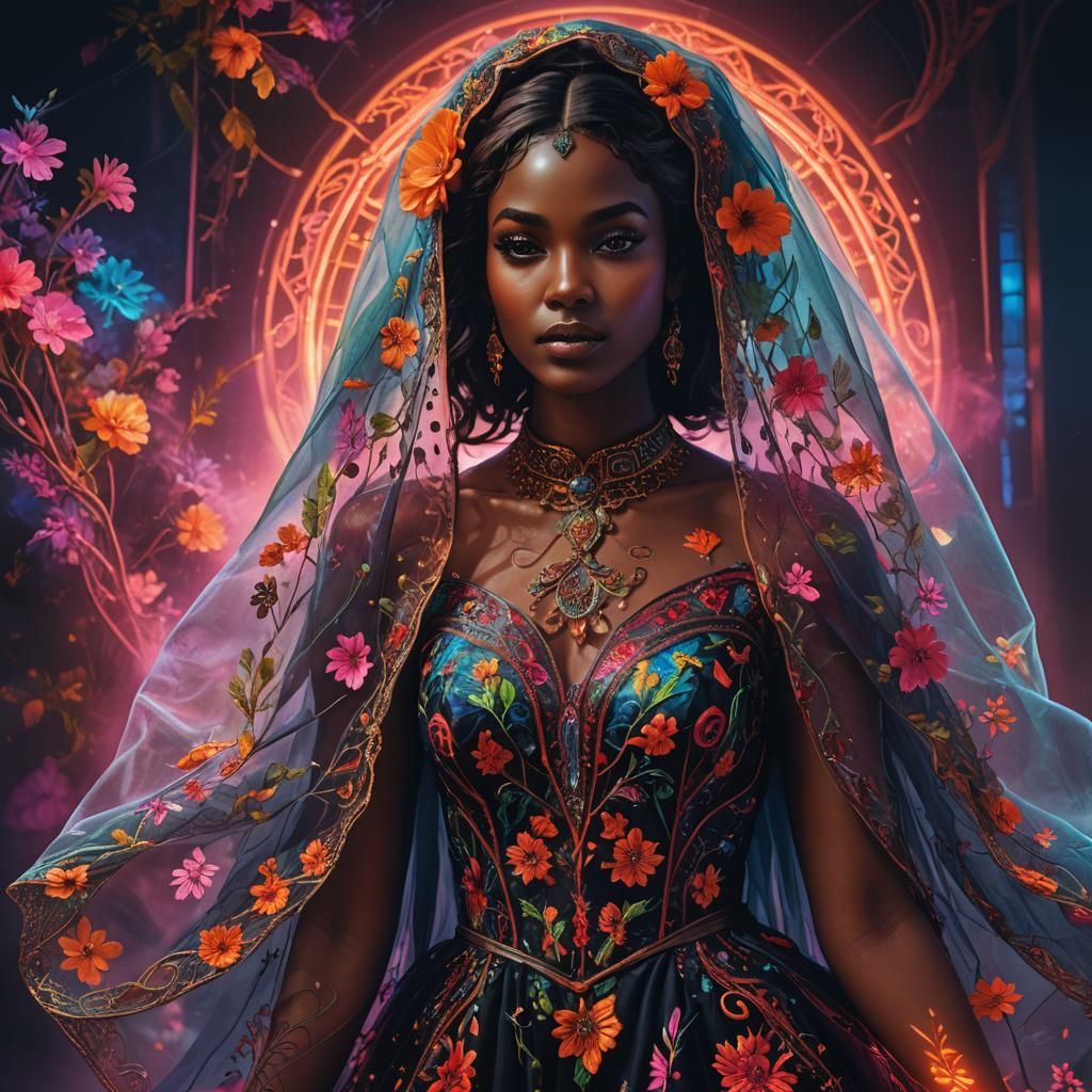 Ethereal Portrait of Woman in Neon Mist