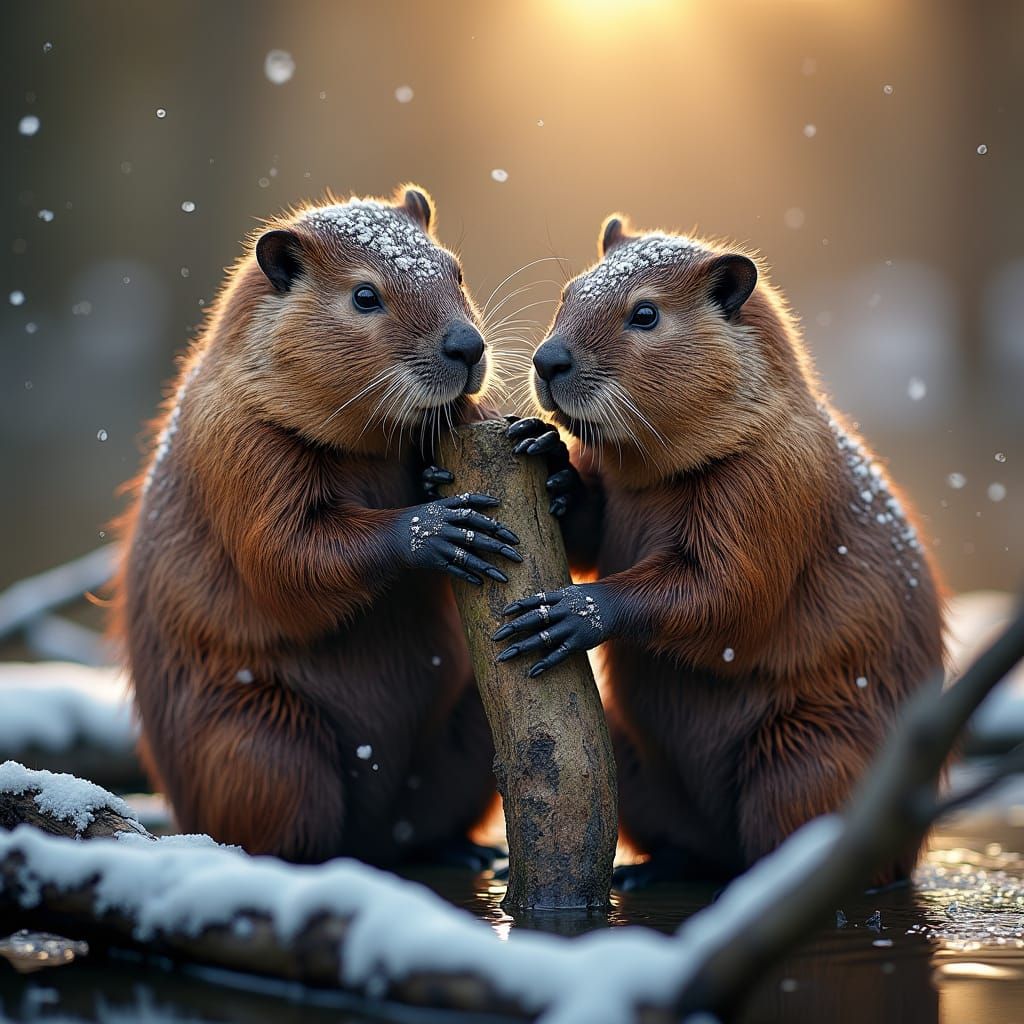 Beavers Prepare for Winter Snowfall in Photorealistic Portra...