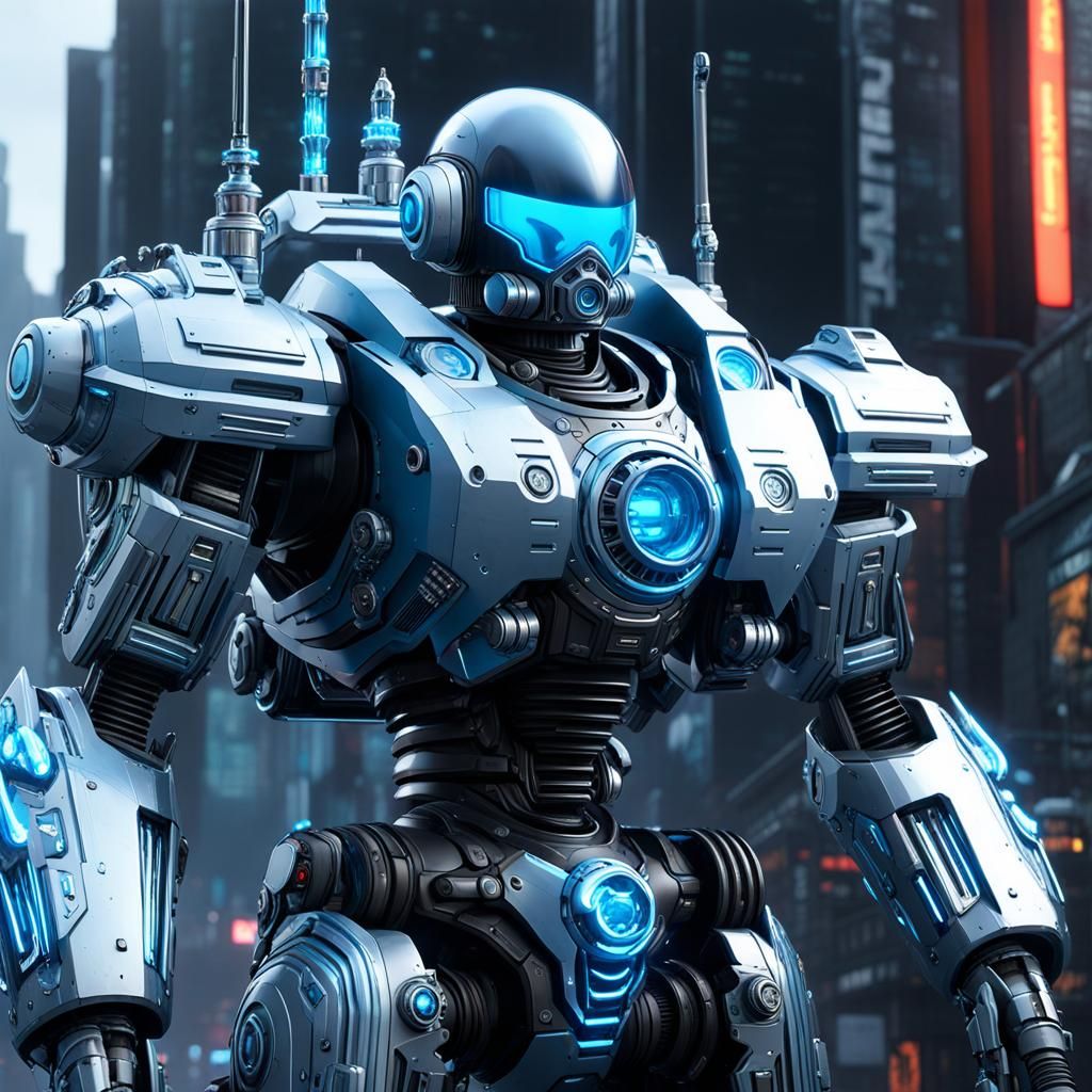 Mr. Freeze, intricate mech details, ground level shot, 8K resolution, Cinema 4D, Behance HD, polished metal, Unreal Eng...