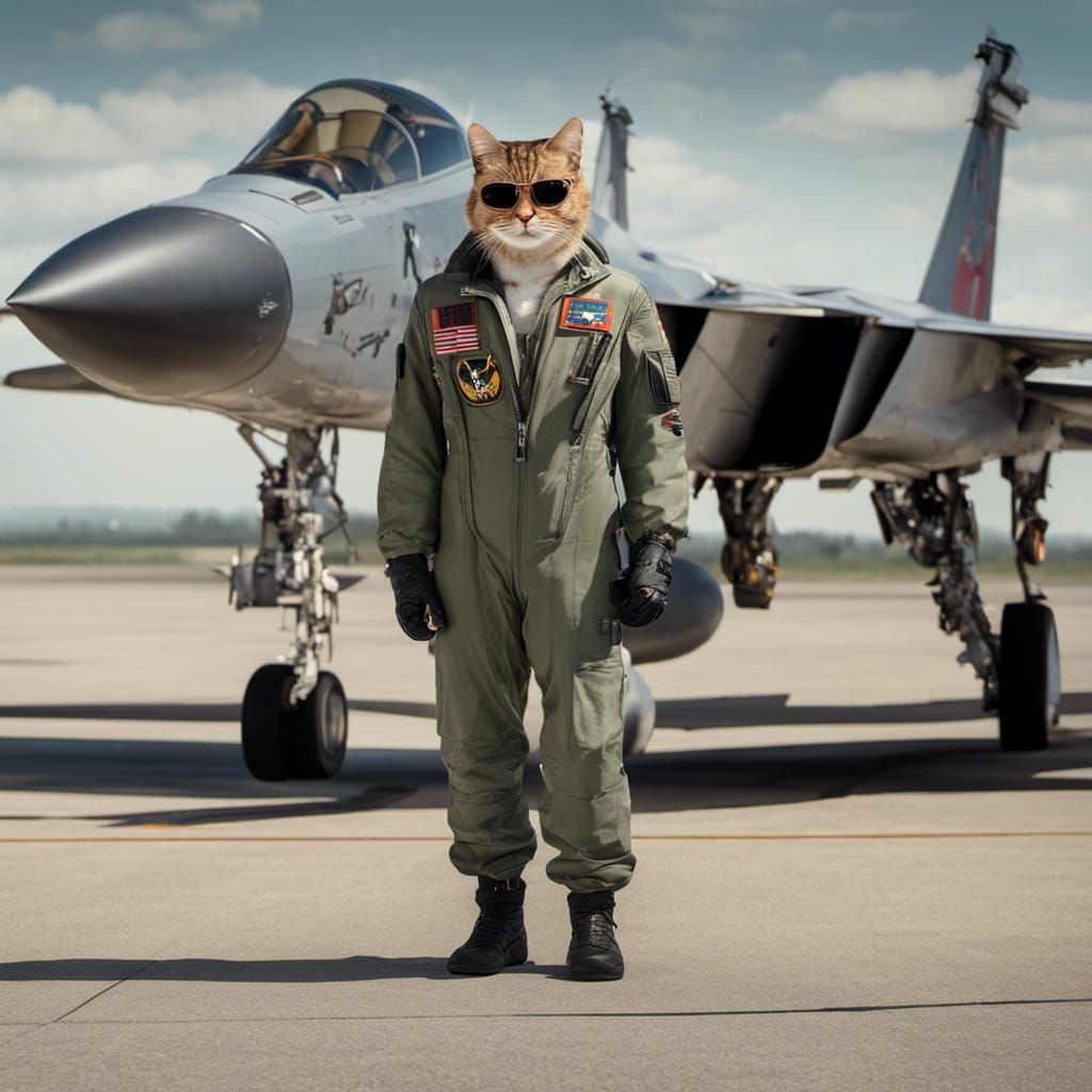 Top Gun Cat on Tarmac: Hyperrealistic Masterpiece