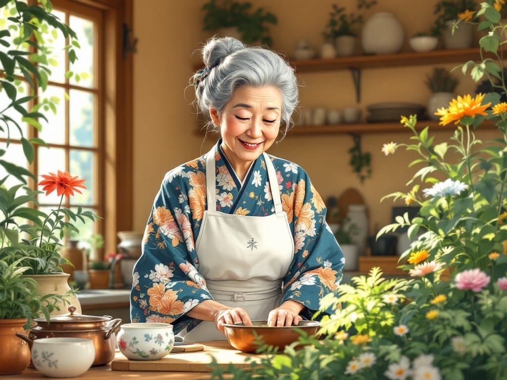 Elegant Japanese Grandma in Traditional Kimono