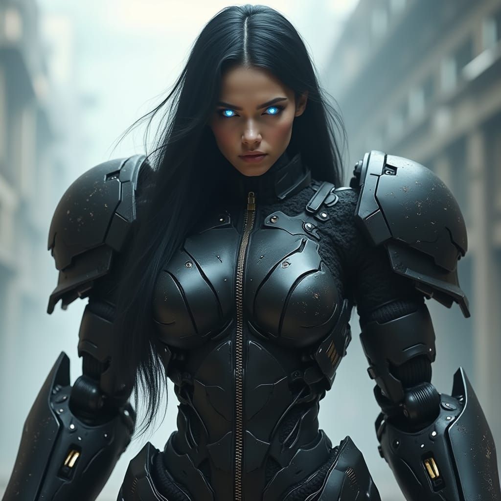 Cybernetic Warrior in Black Combat Exosuit