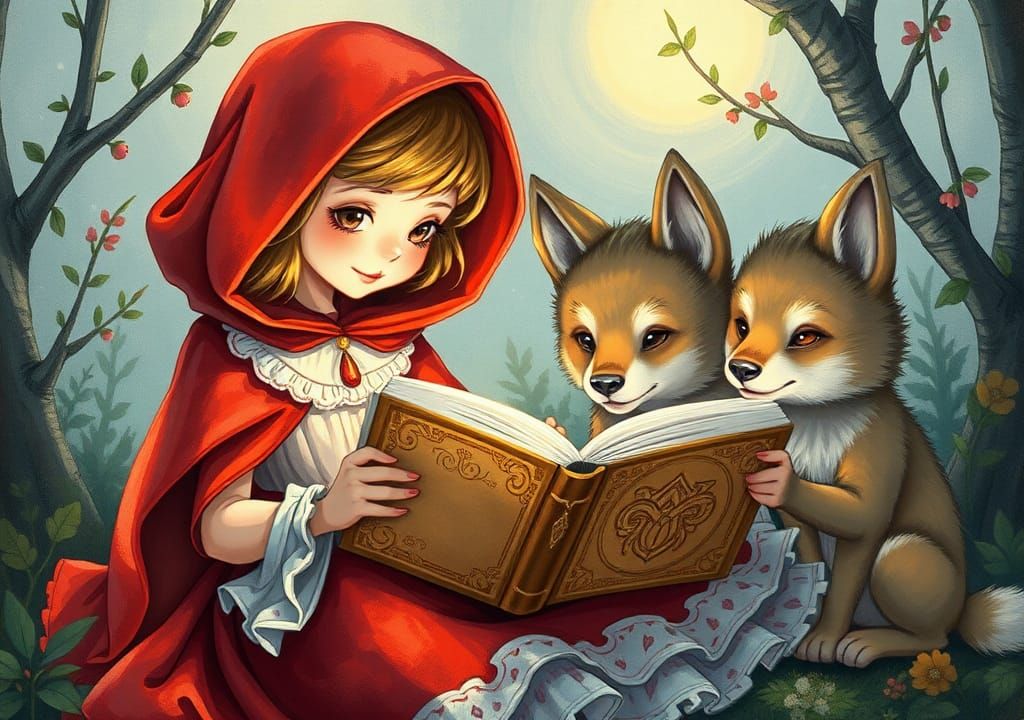 Little Red Riding Hood Reads Whimsical Tales to Adorable Wol...