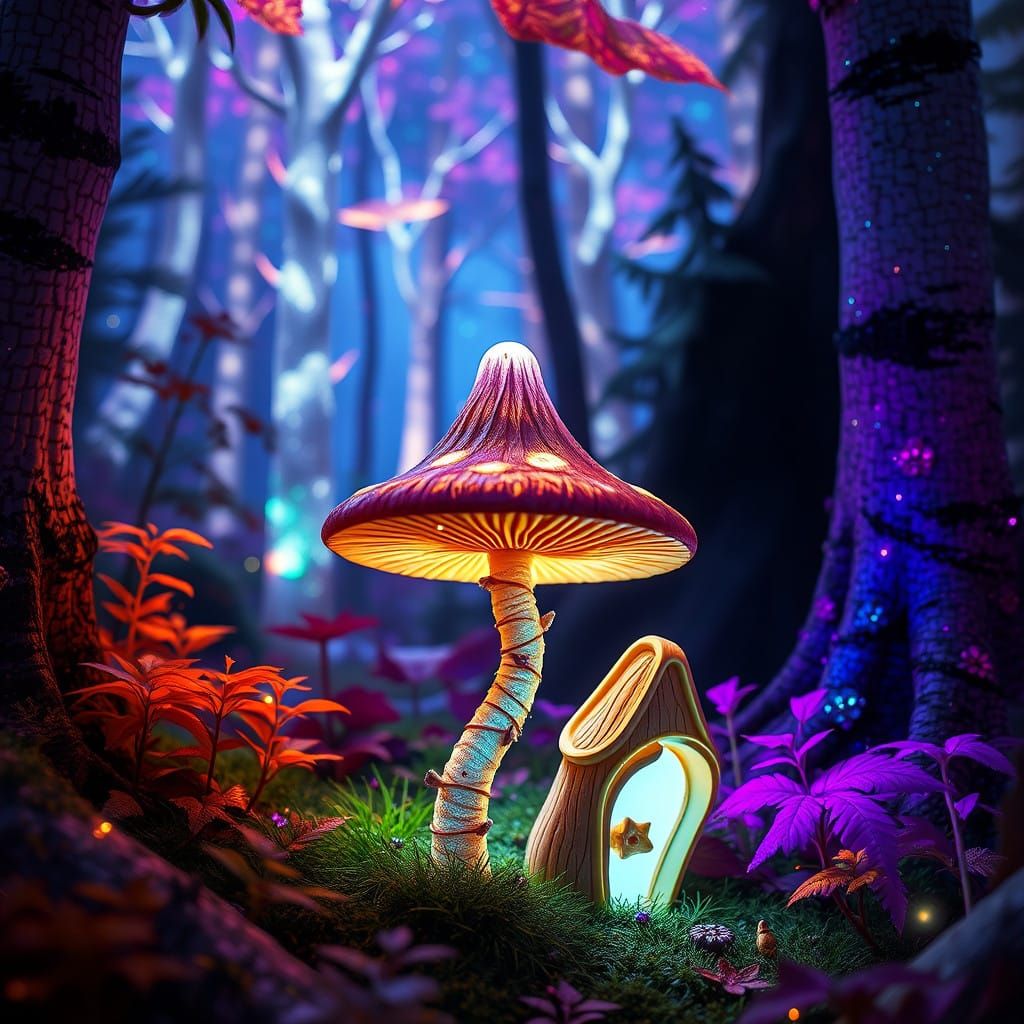 Whimsical Mushroom Abode in Luminous Enchanted Forest