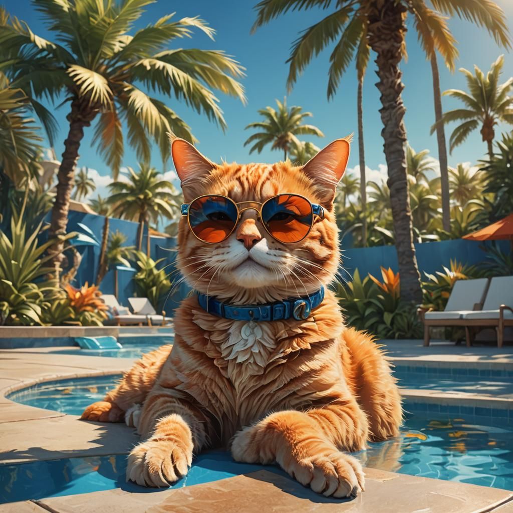Cat in Sunglasses: Vibrant Poolside Fantasy Art