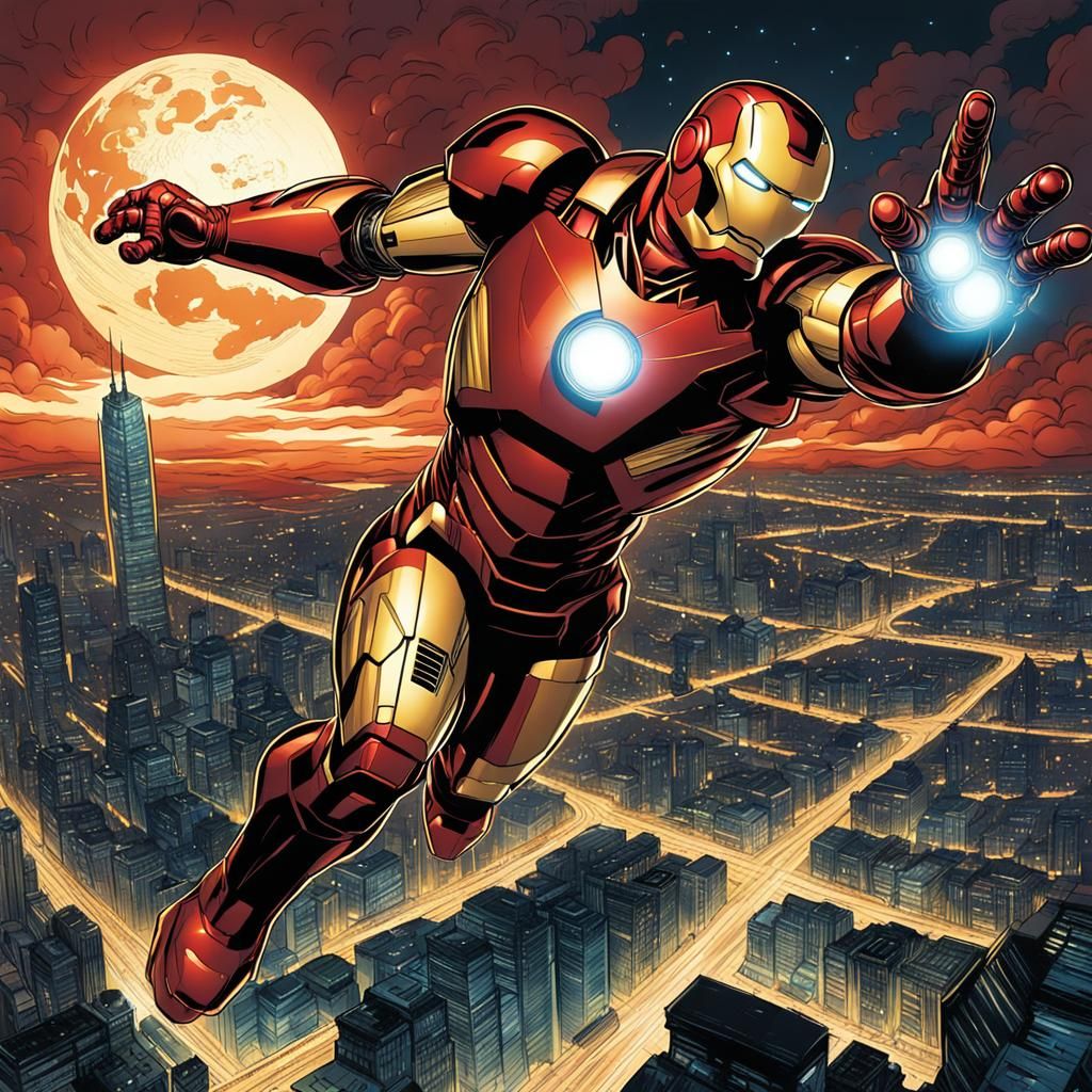 Iron Man Soaring Over City at Night in Comic Art
