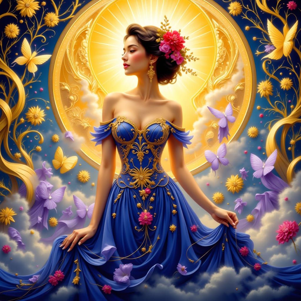 Serene Woman in Royal Blue Gown, Art Nouveau Style