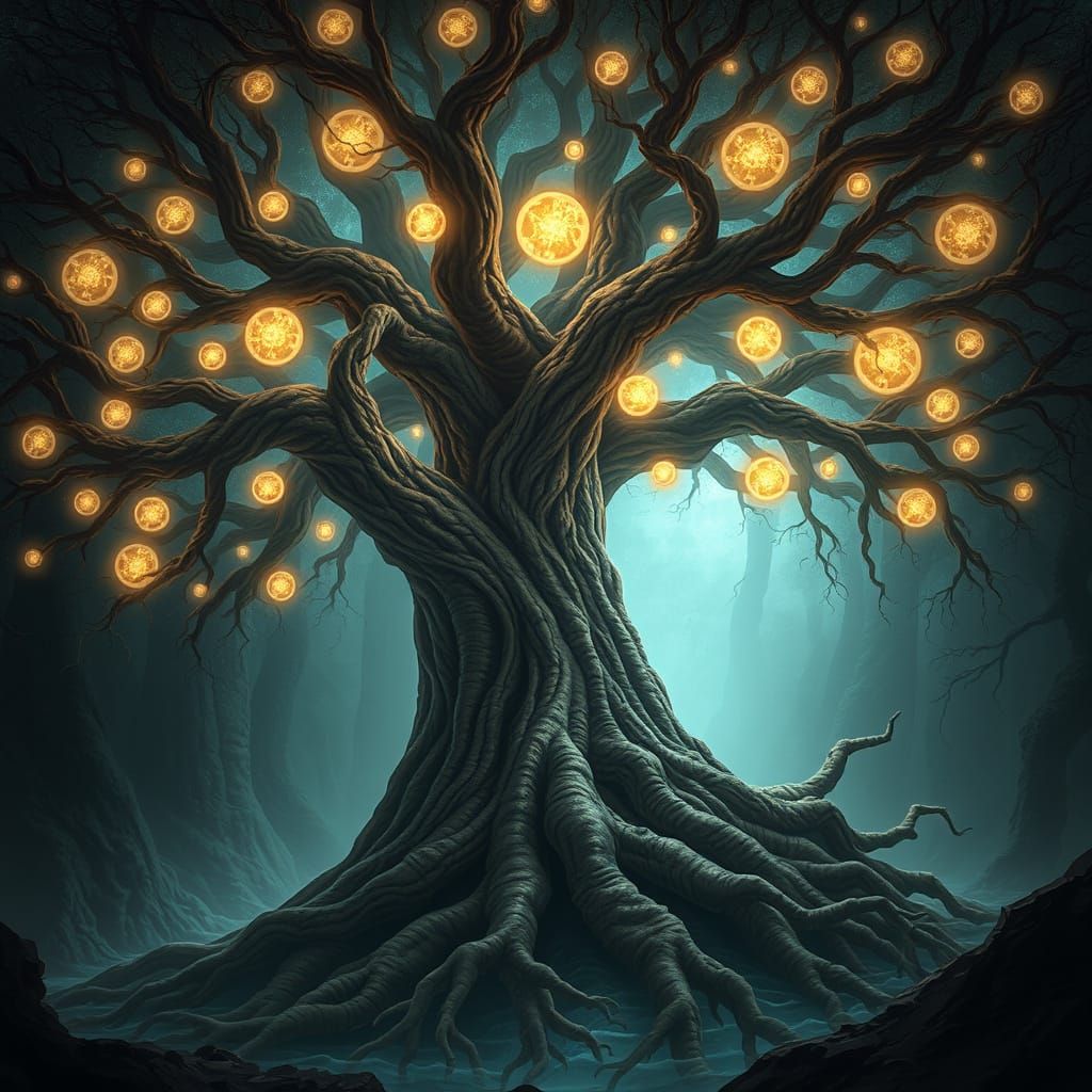 Ancient Tree with Glowing Orbs in Mystical Forest