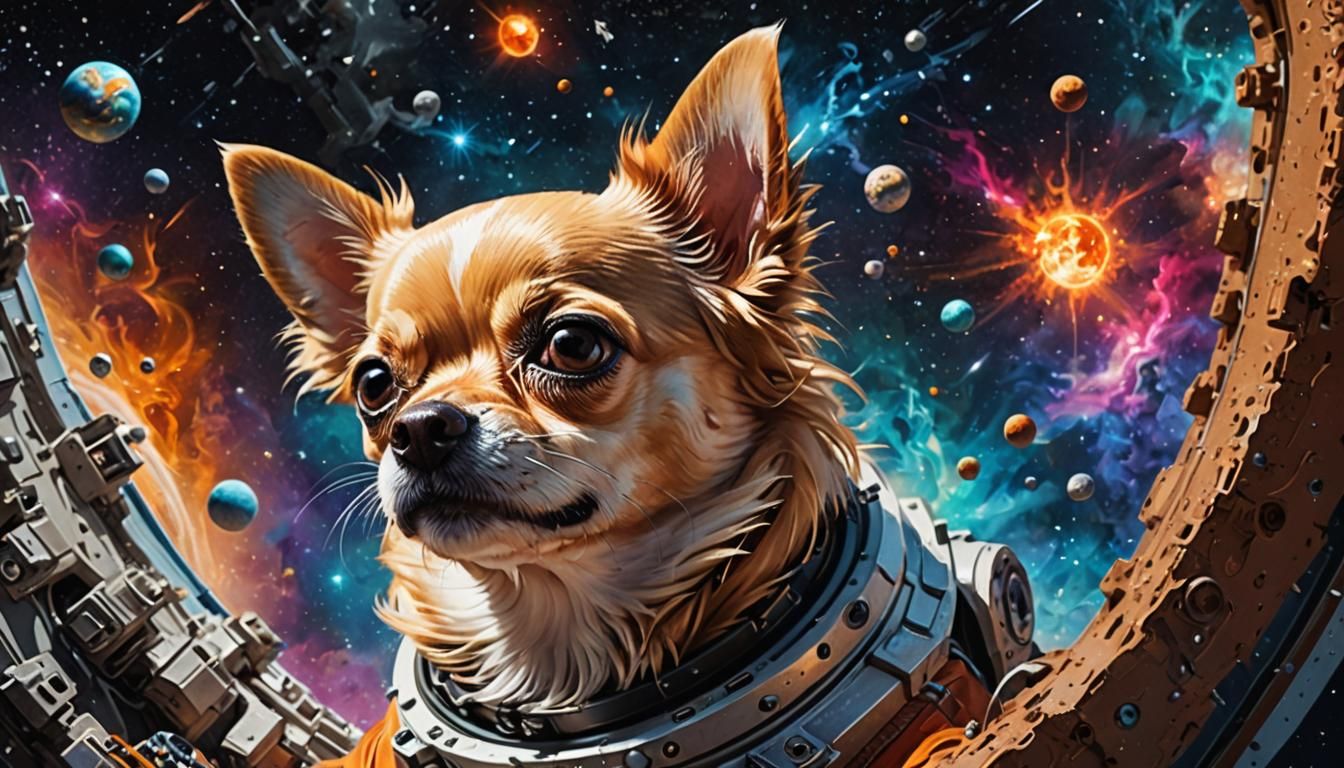 Hyperrealistic Chihuahua Floating in Colorful Space