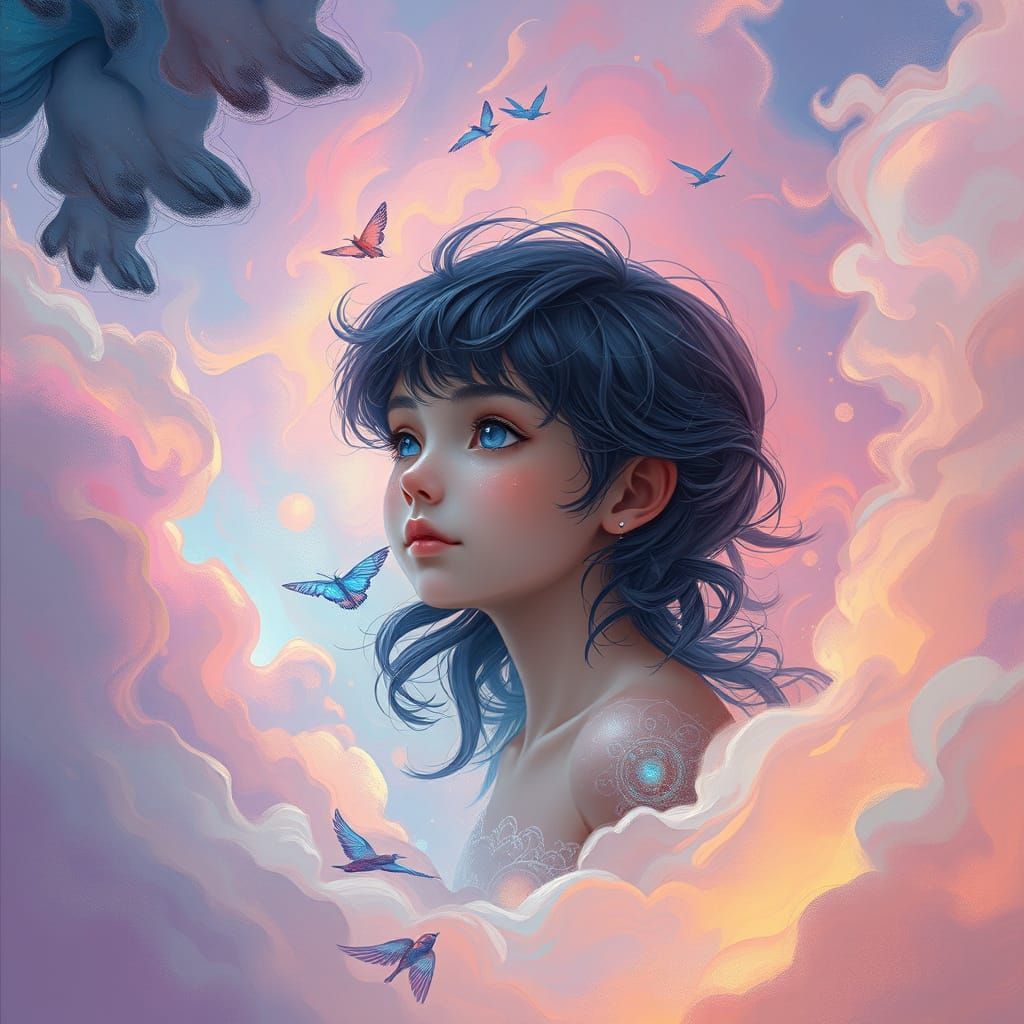 Youthful Figure in Whimsical Dreamscape