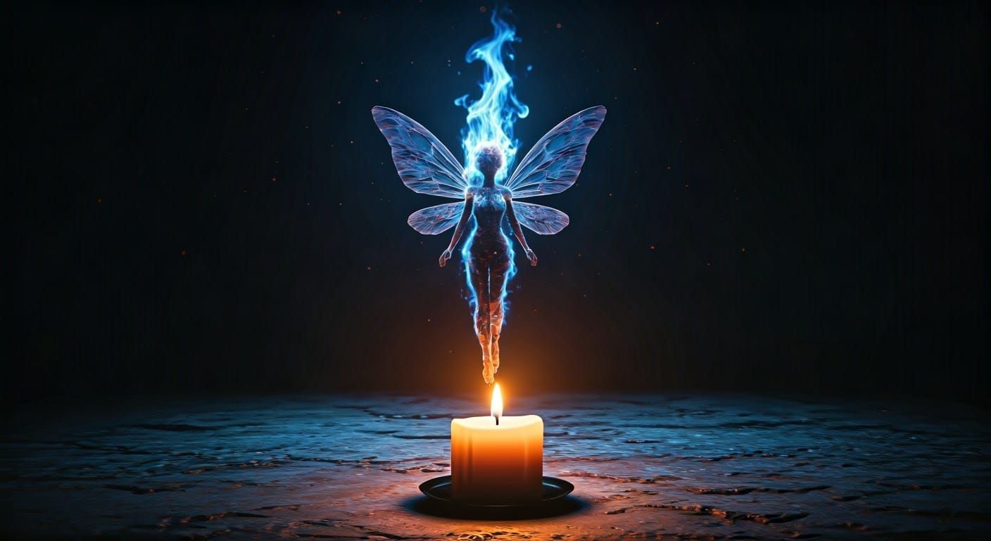 Flame Fairy Hovering Above Candle in Sci-Fi Realm