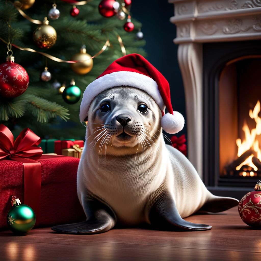 (a baby seal:1.3) dressed in a Christmas hat and a red knitted sweater with Christmas motifs. He is in front of a beauti...