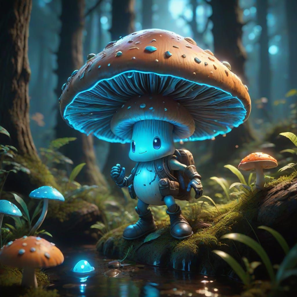 Cute 3D Mushroom Character in Epic Forest Landscape