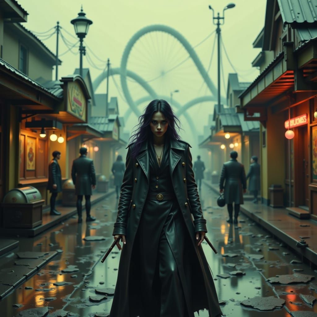 Eerie Woman Walks Through Abandoned Gothic Carnival