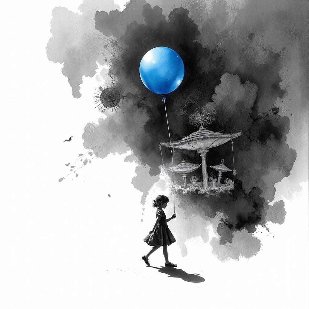 Young Girl With Blue Balloon in Grayscale Watercolor