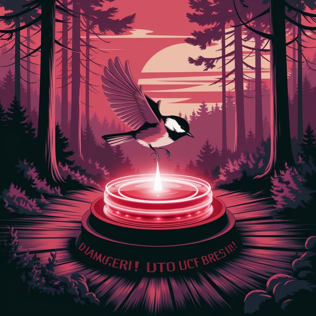 Chickadee at the Edge of a Glowing Red Button