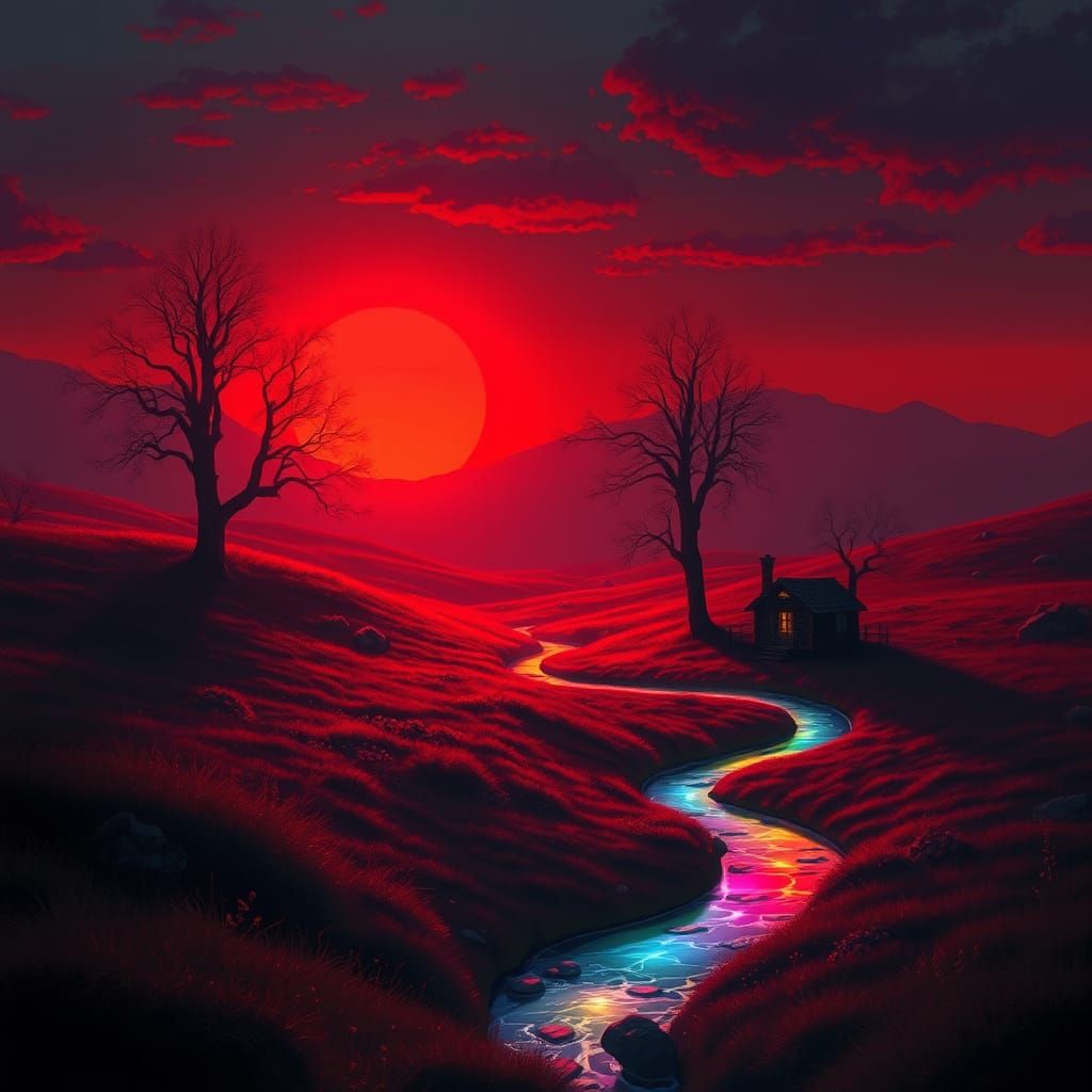 Dreamy Fantasy Cabin by Winding Stream at Multicolored Sunse...