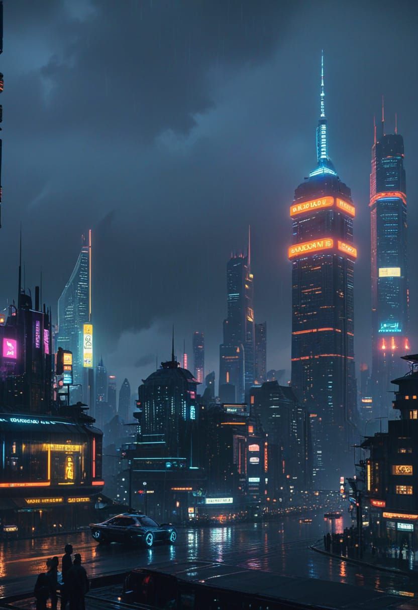Cyberpunk Cityscape at Night with Neon Lights