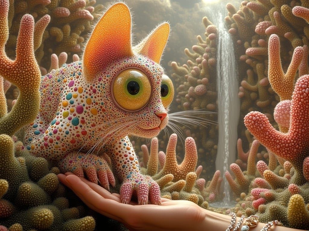 Polka Dot Cat Admires Finger Shrubs, Whimsical Digital Art