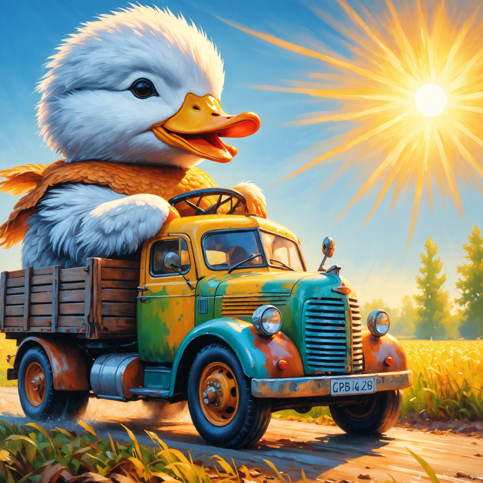 Duck Drives a Truck: A Cheerful Oil Painting