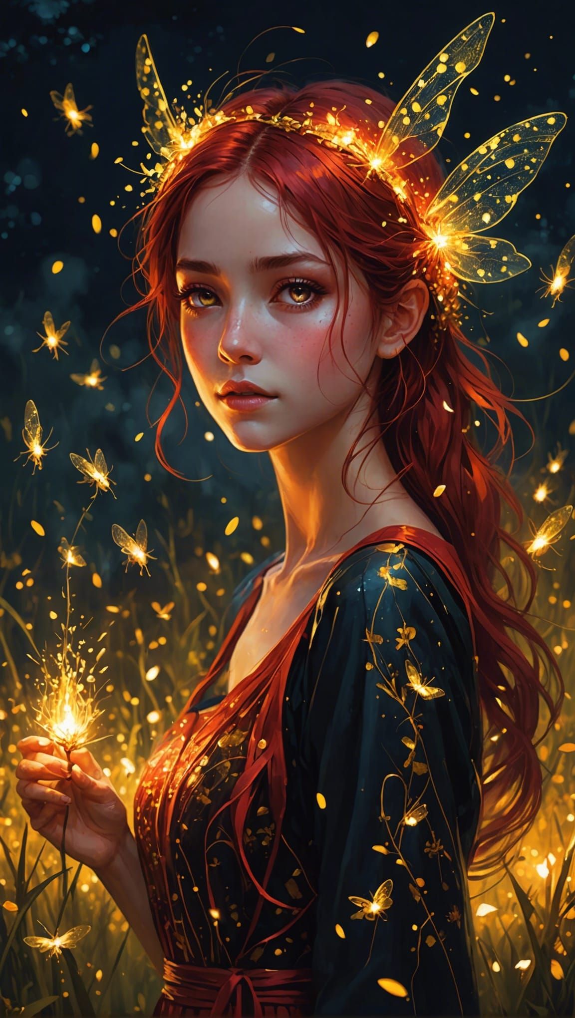 Red Fire Fairy Portrait in Anime Style