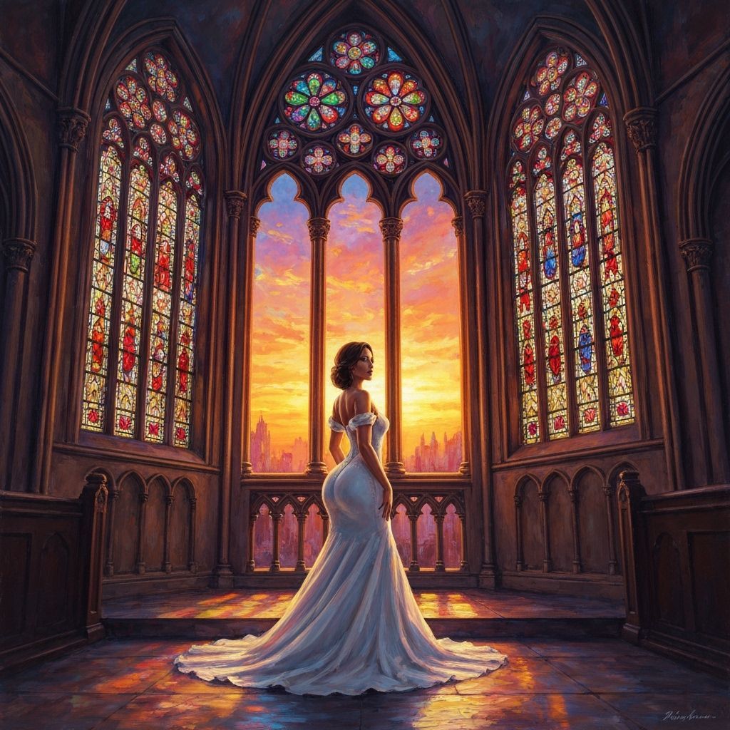 Bride in Gothic Church Oil Painting with Sunset Glow