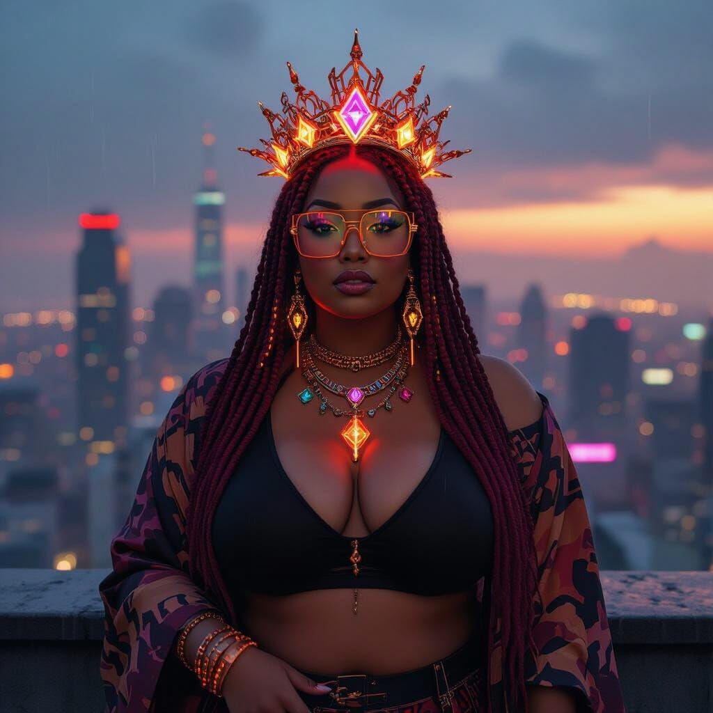 Cyberpunk Tech Witch Overlooking Neon City