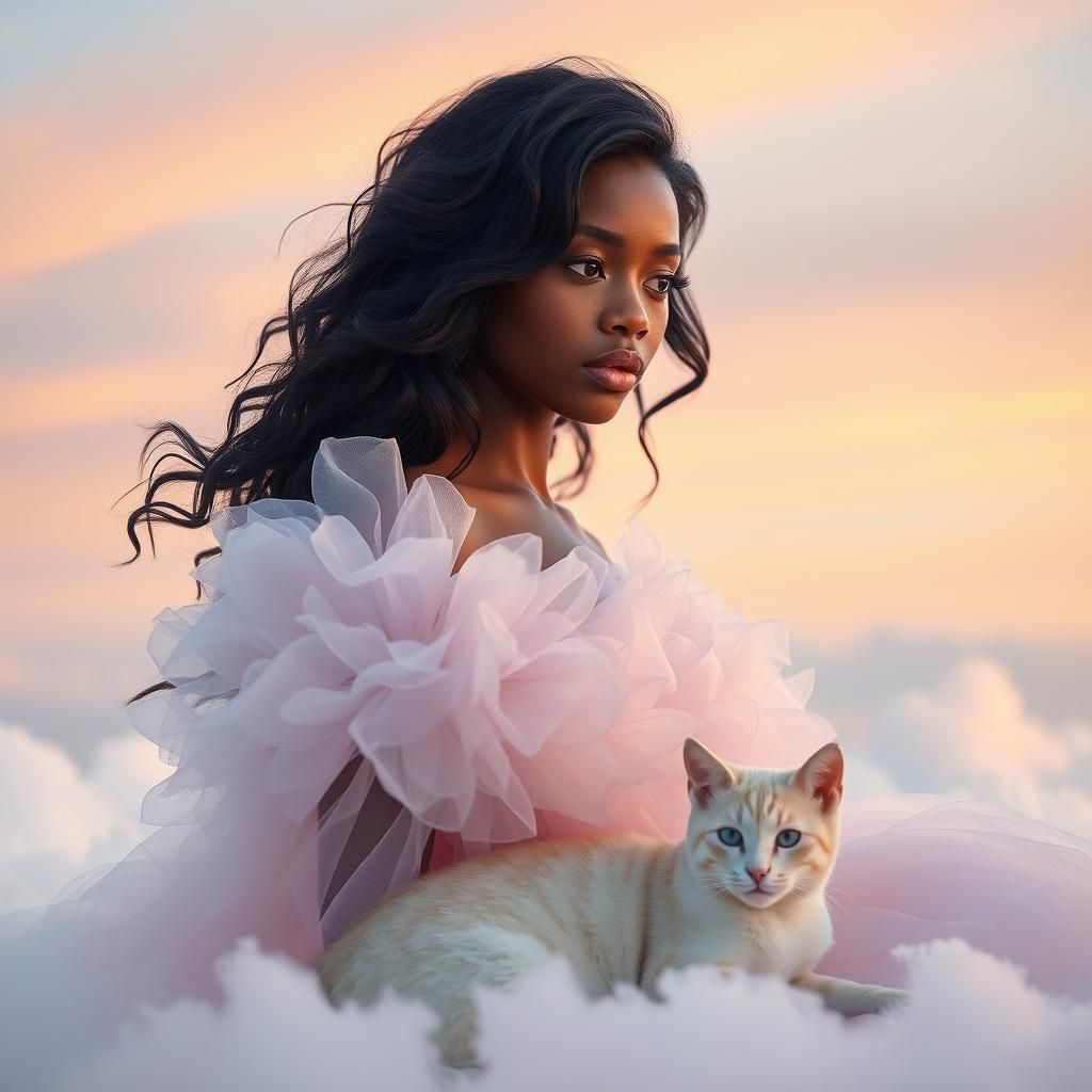 Ethereal Cloud Woman with Cloud Cat in Pastel Sky