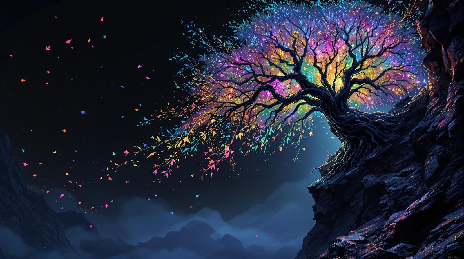 Ethereal Willow Tree in Dark Obsidian World