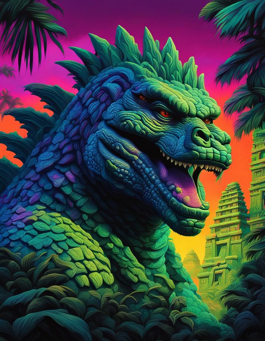 Godzilla Portrait with Neon Lights and Mayan Temple