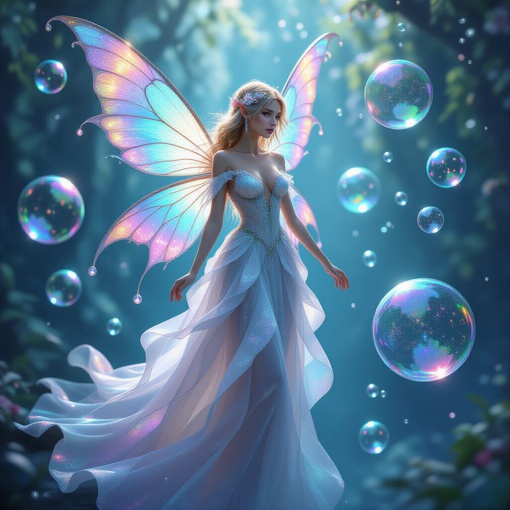 Ethereal Fairy Amidst Iridescent Bubbles