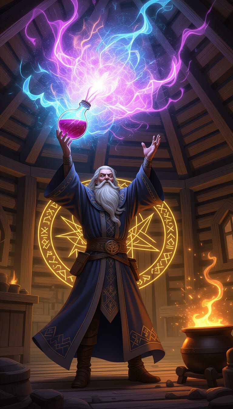 Mighty Witch Unleashes Arcane Potion in Magical Hut