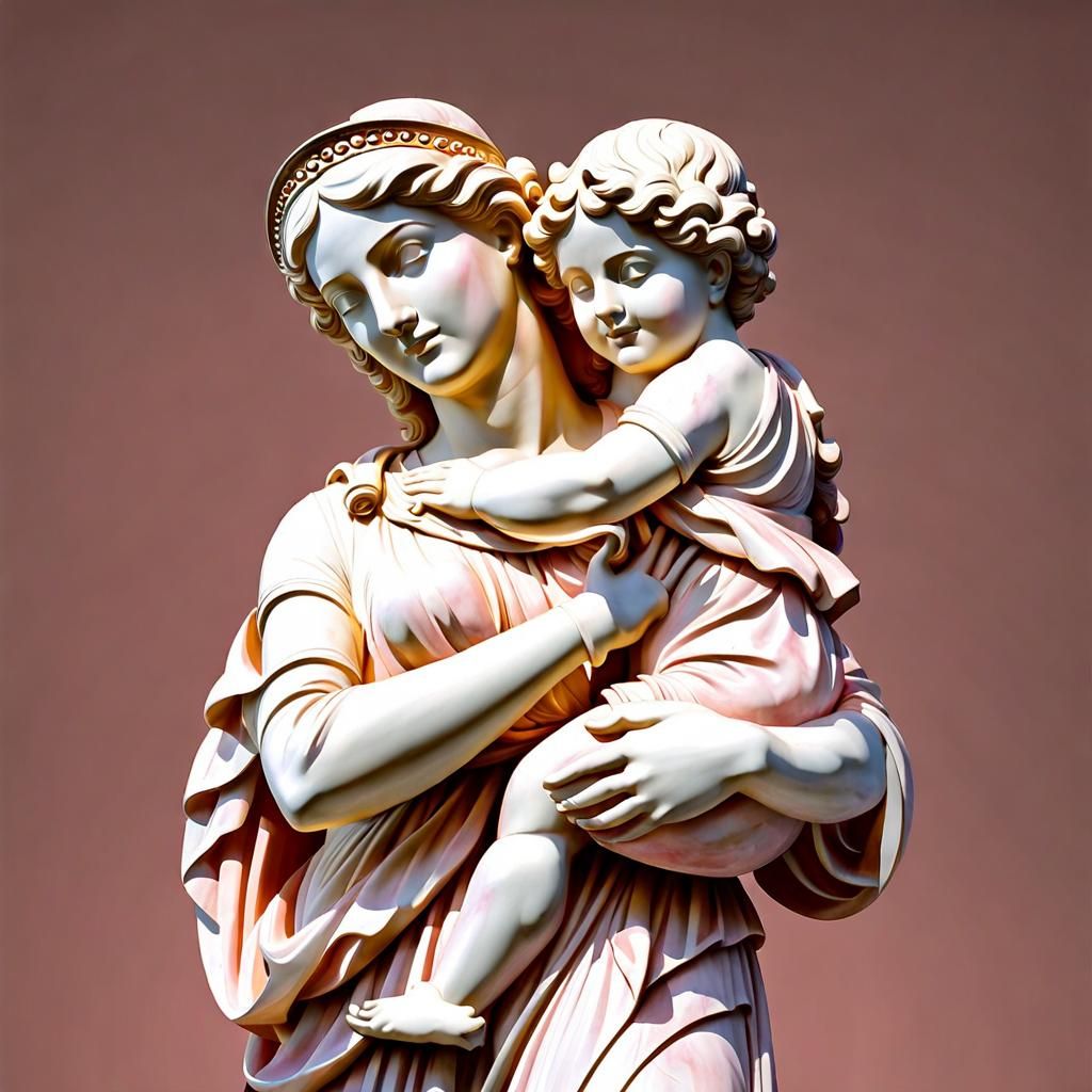 Pink Marble Statue of Mother and Child