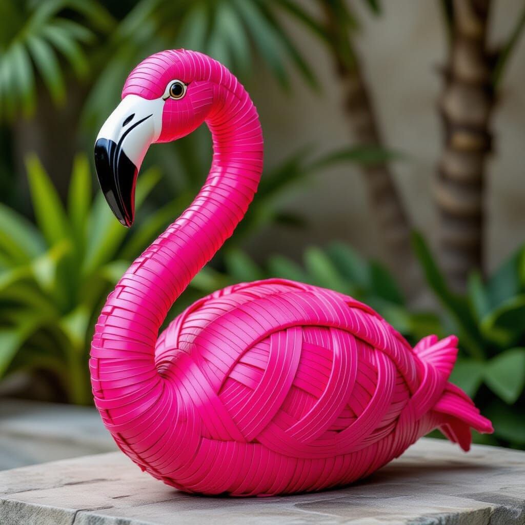 Woven Tire Flamingo Sculpture in Folk Art Style