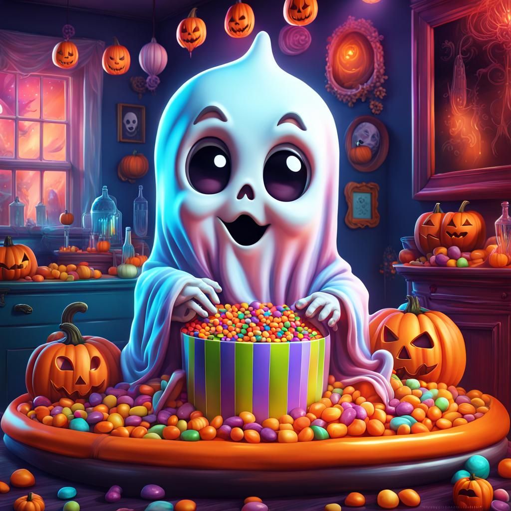 Baby Ghost at Halloween Party in Candy Art Style