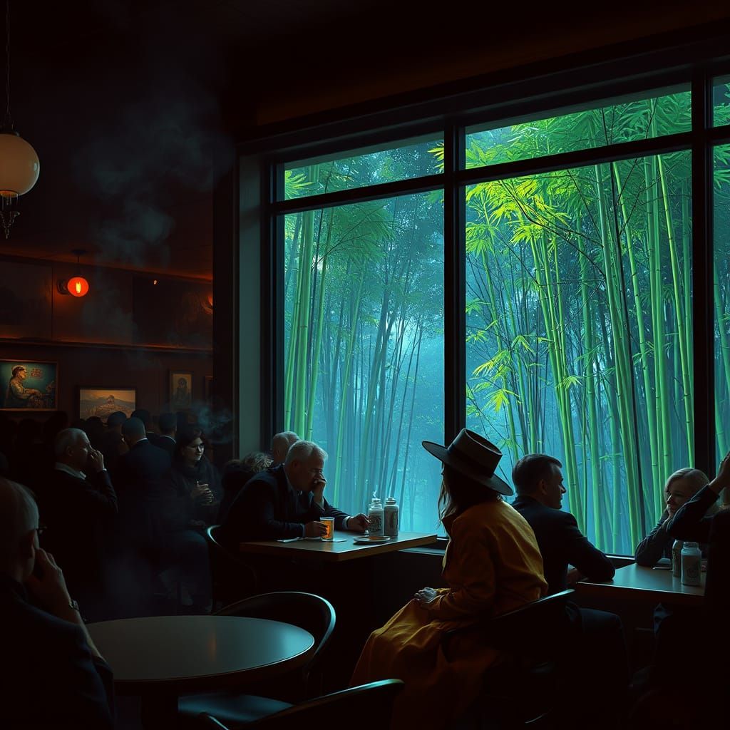 Moody Cafe Scene in a Lush Bamboo Forest